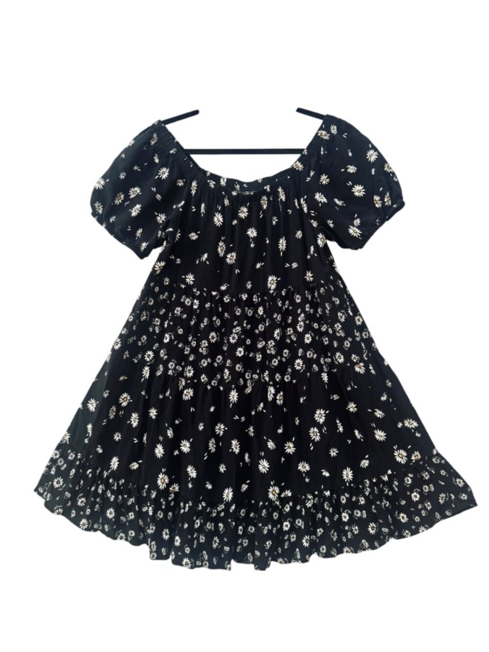Maurices Size M Peasant Puffy Sleeved Mini Sundress Black Floral Tiered Ruffle - Picture 2 of 11